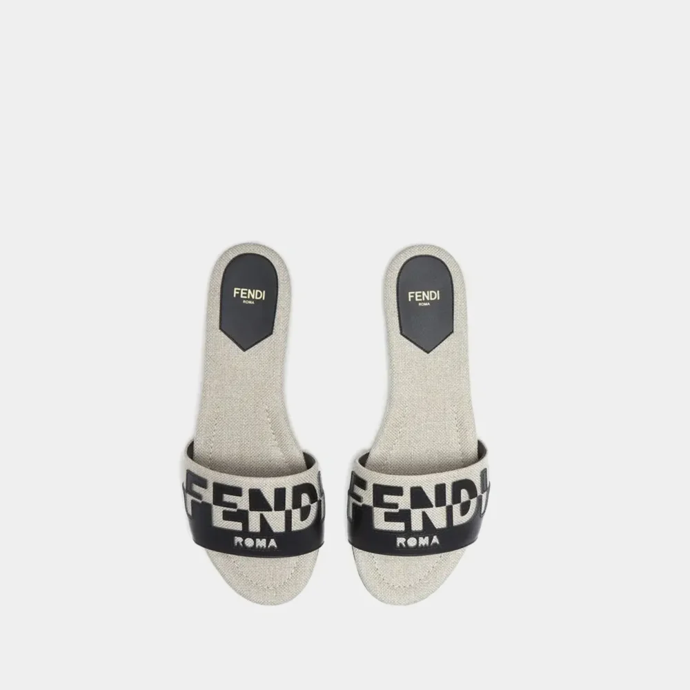 Home 100 Fendi Vitello Canvas Signature Flat Slide black